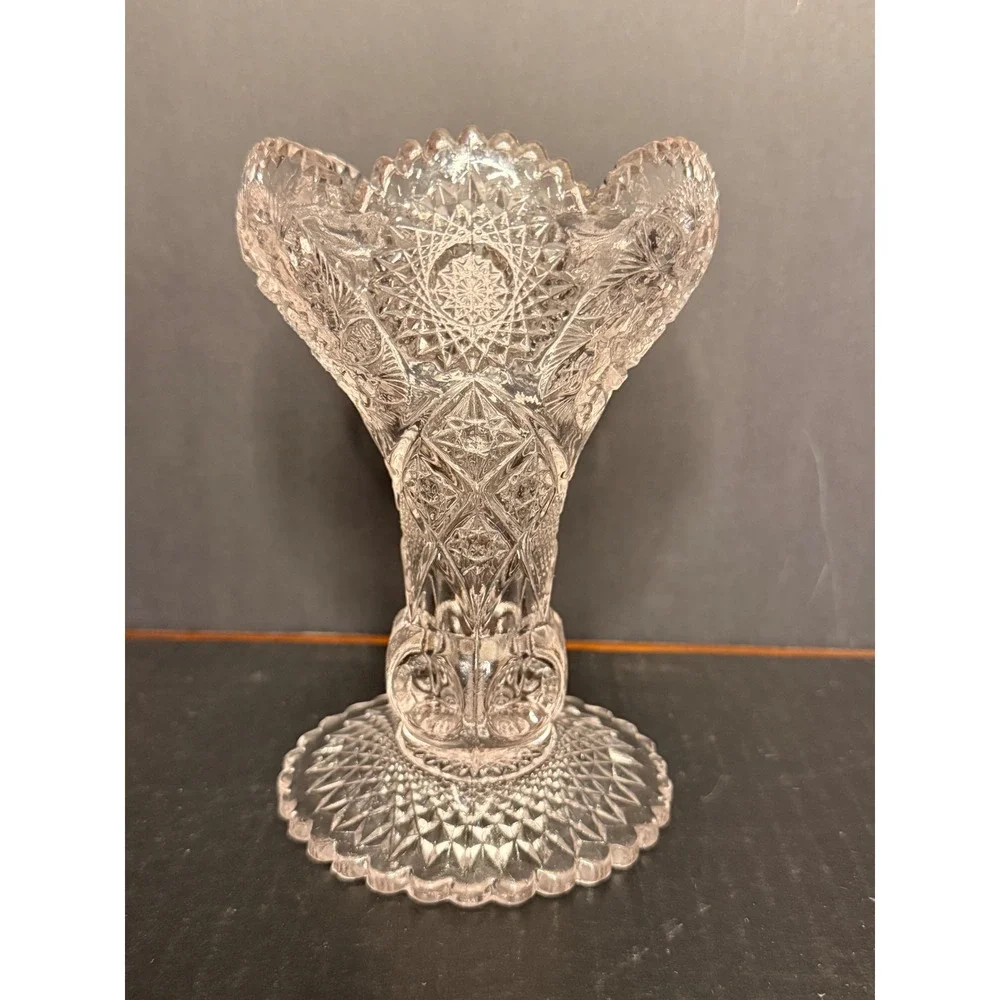 Antique Uranium Vaseline Glass Trumpet Vase EAPG UV Reactive Pressed Glass 6.5